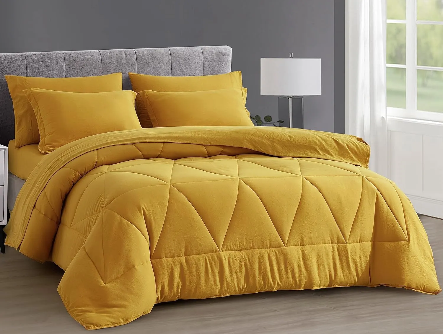 Chezmoi Collection Jasper Mustard Yellow Oversized King Bed in a Bag 7-Pieces Triangle Geometric Quilted Stone Washed Microfiber Comforter with Sheets Lightweight All Season Bedding Set