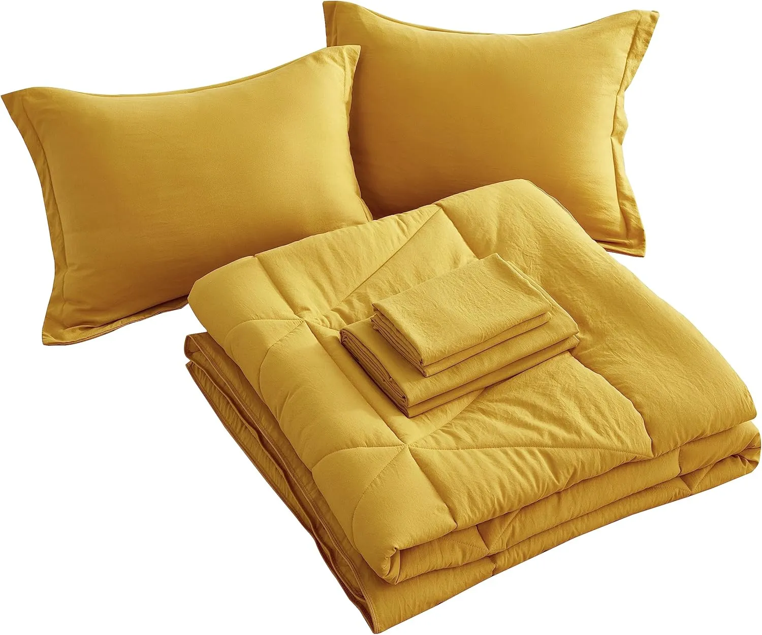Chezmoi Collection Jasper Mustard Yellow Oversized King Bed in a Bag 7-Pieces Triangle Geometric Quilted Stone Washed Microfiber Comforter with Sheets Lightweight All Season Bedding Set