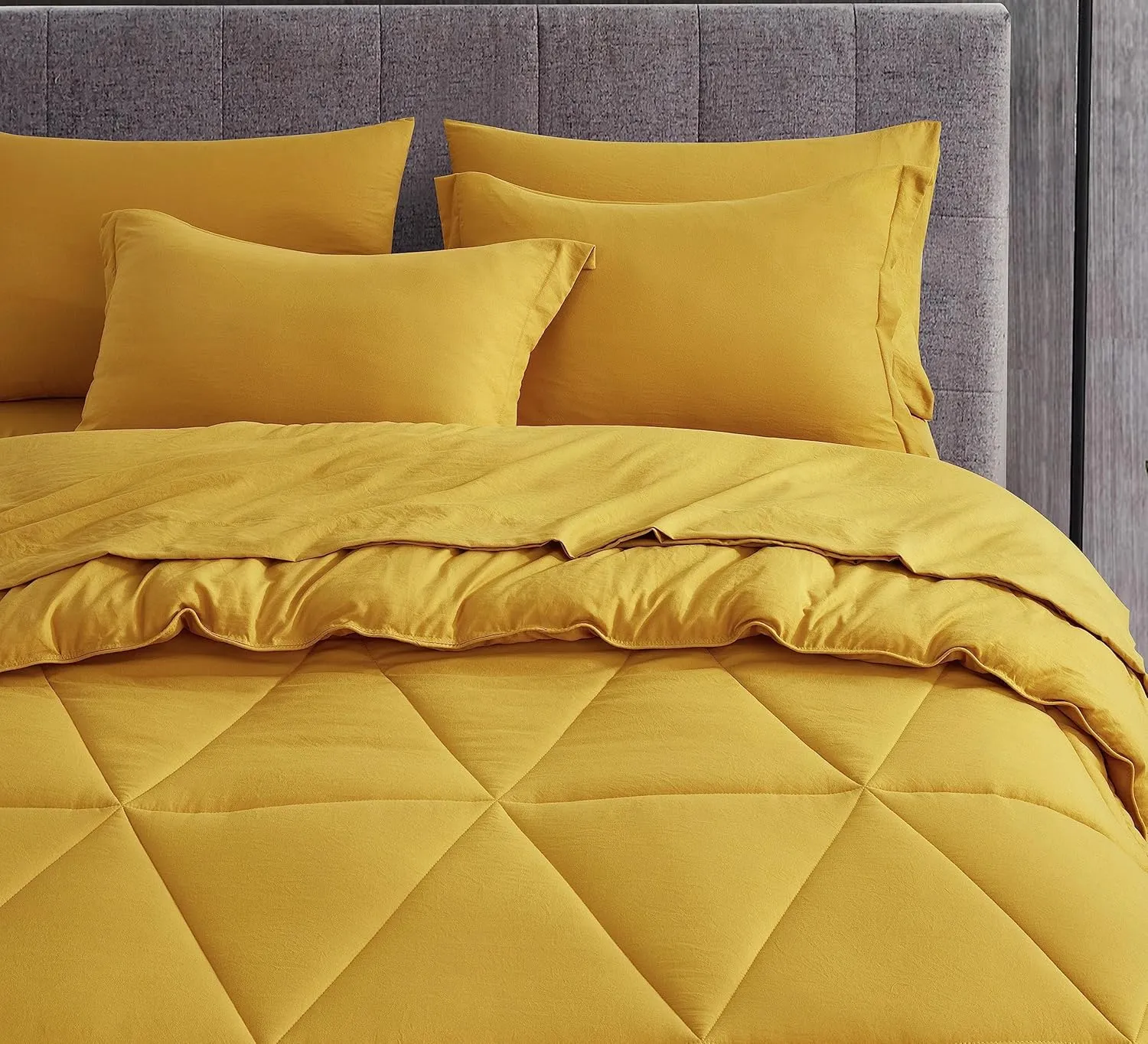 Chezmoi Collection Jasper Mustard Yellow Oversized King Bed in a Bag 7-Pieces Triangle Geometric Quilted Stone Washed Microfiber Comforter with Sheets Lightweight All Season Bedding Set