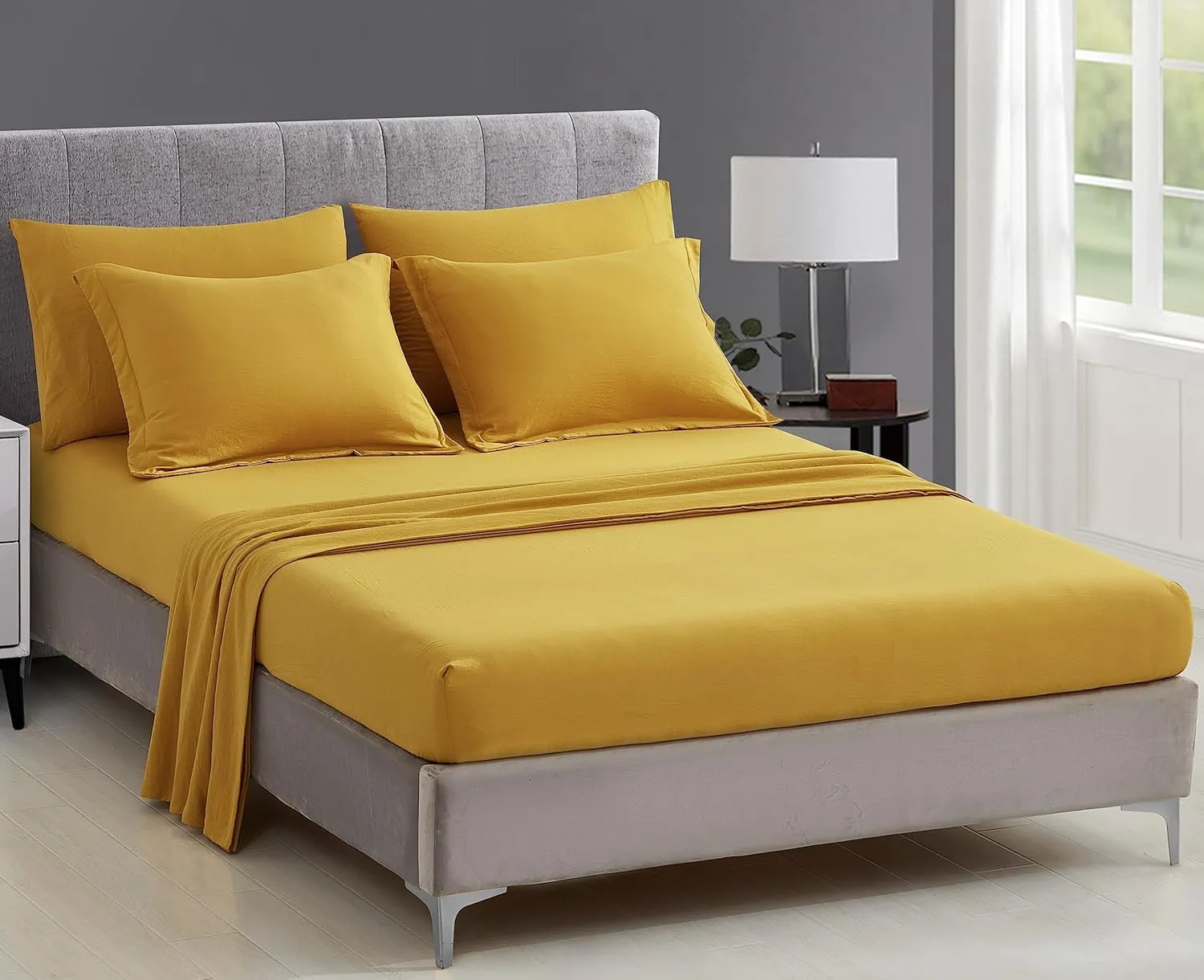 Chezmoi Collection Jasper Mustard Yellow Oversized King Bed in a Bag 7-Pieces Triangle Geometric Quilted Stone Washed Microfiber Comforter with Sheets Lightweight All Season Bedding Set