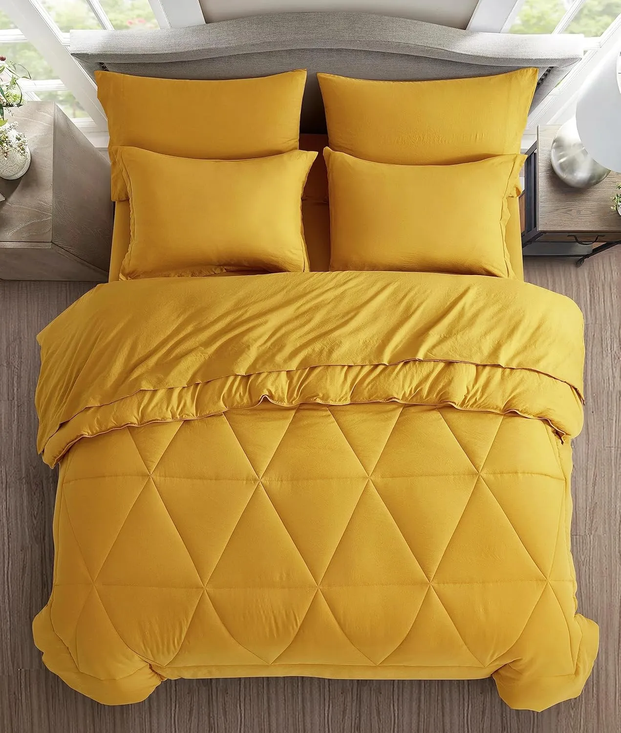 Chezmoi Collection Jasper Mustard Yellow Oversized King Bed in a Bag 7-Pieces Triangle Geometric Quilted Stone Washed Microfiber Comforter with Sheets Lightweight All Season Bedding Set