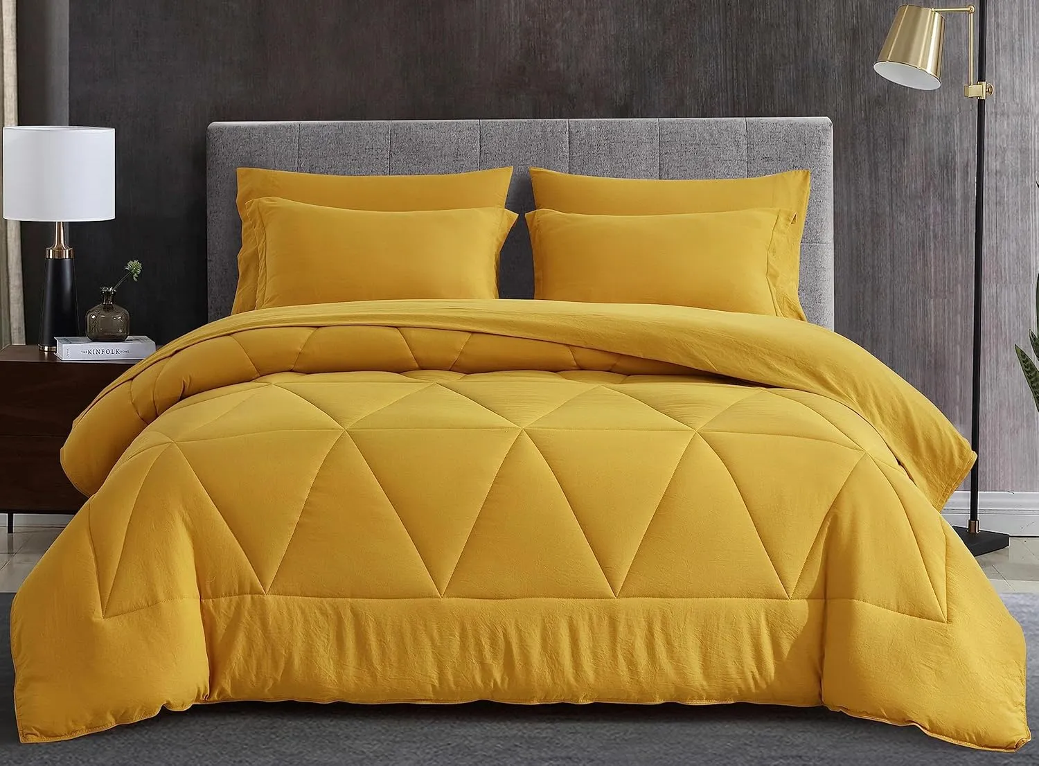Chezmoi Collection Jasper Mustard Yellow Oversized King Bed in a Bag 7-Pieces Triangle Geometric Quilted Stone Washed Microfiber Comforter with Sheets Lightweight All Season Bedding Set