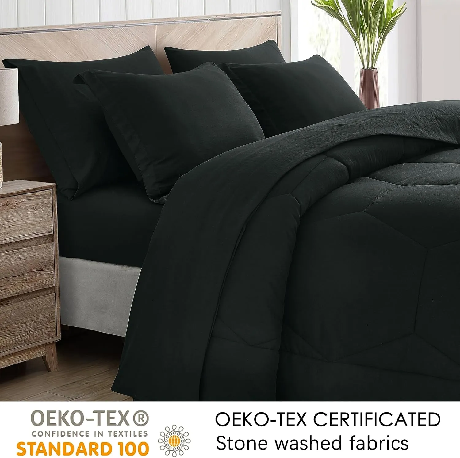 Chezmoi Collection Piper Oversized King Bed in a Bag 7-Pieces Honeycomb Geometric Hexagon Quilted Stone Washed Microfiber Comforter with Sheets Lightweight All Season Bedding (Oversized King, Black)