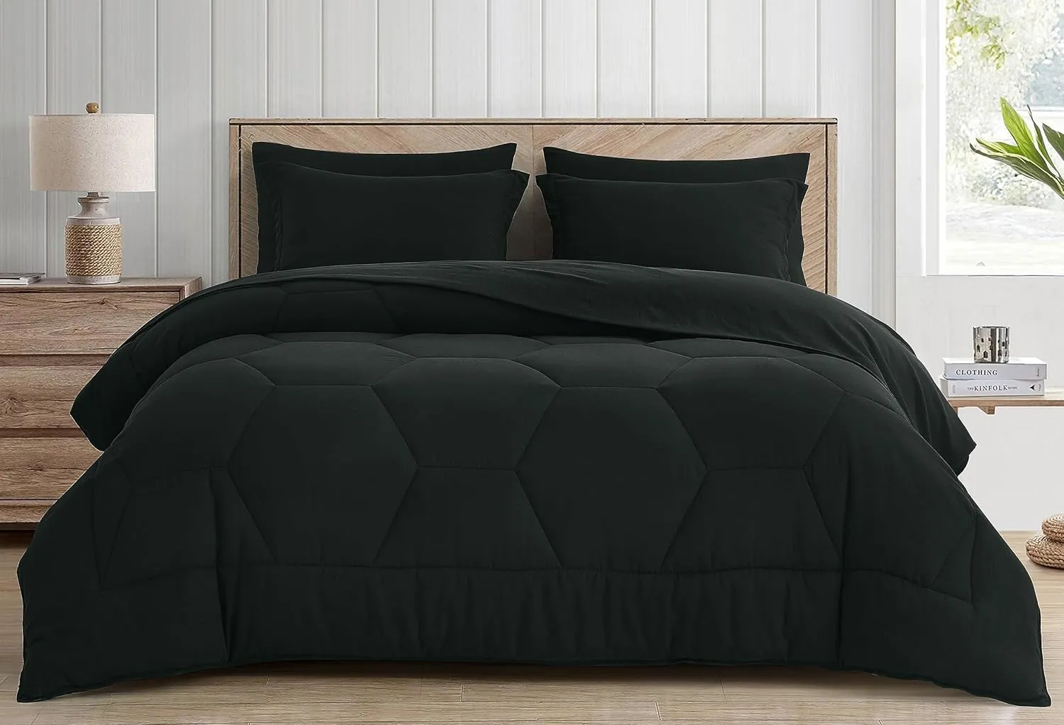 Chezmoi Collection Piper Oversized King Bed in a Bag 7-Pieces Honeycomb Geometric Hexagon Quilted Stone Washed Microfiber Comforter with Sheets Lightweight All Season Bedding (Oversized King, Black)