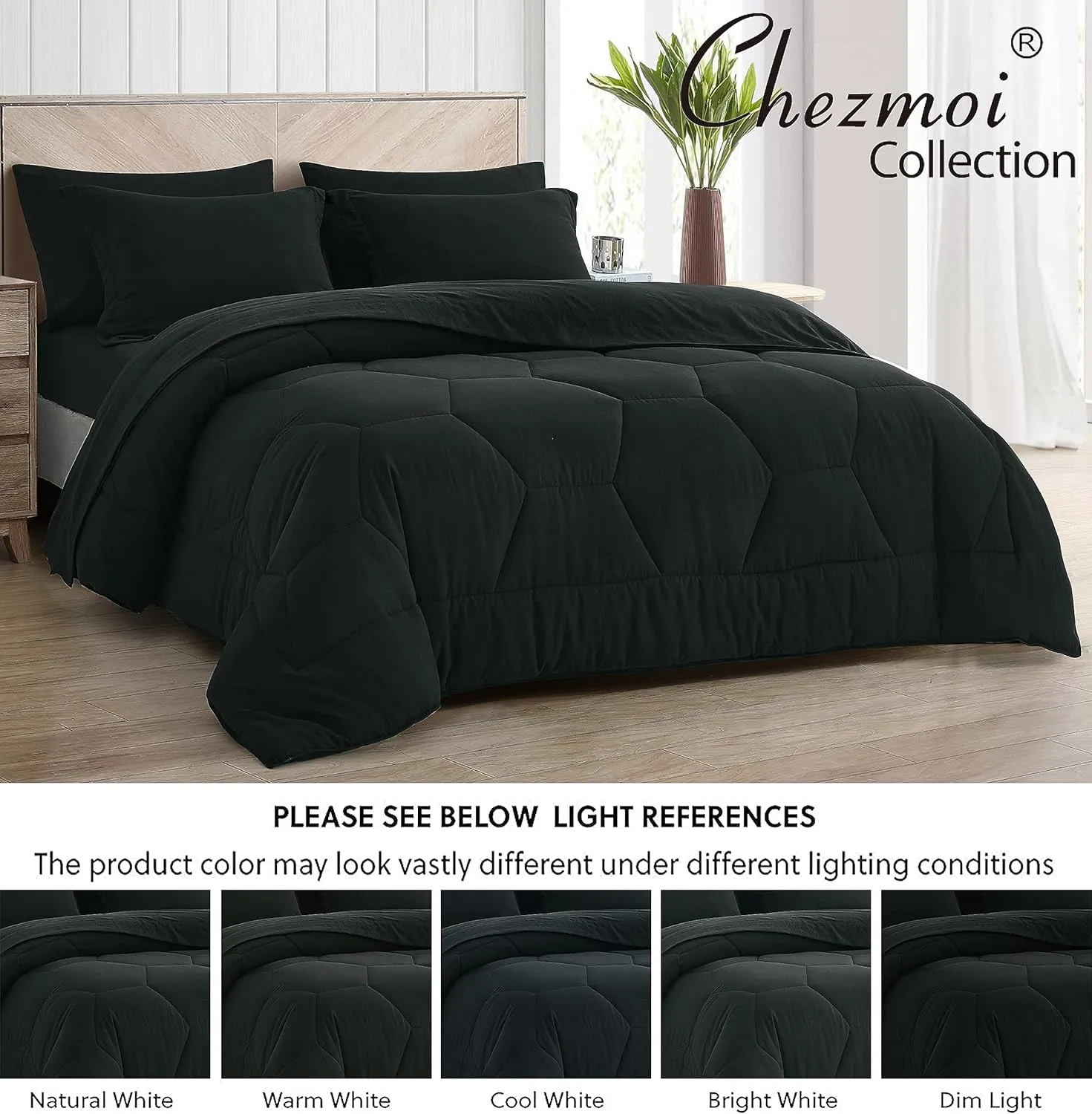 Chezmoi Collection Piper Oversized King Bed in a Bag 7-Pieces Honeycomb Geometric Hexagon Quilted Stone Washed Microfiber Comforter with Sheets Lightweight All Season Bedding (Oversized King, Black)
