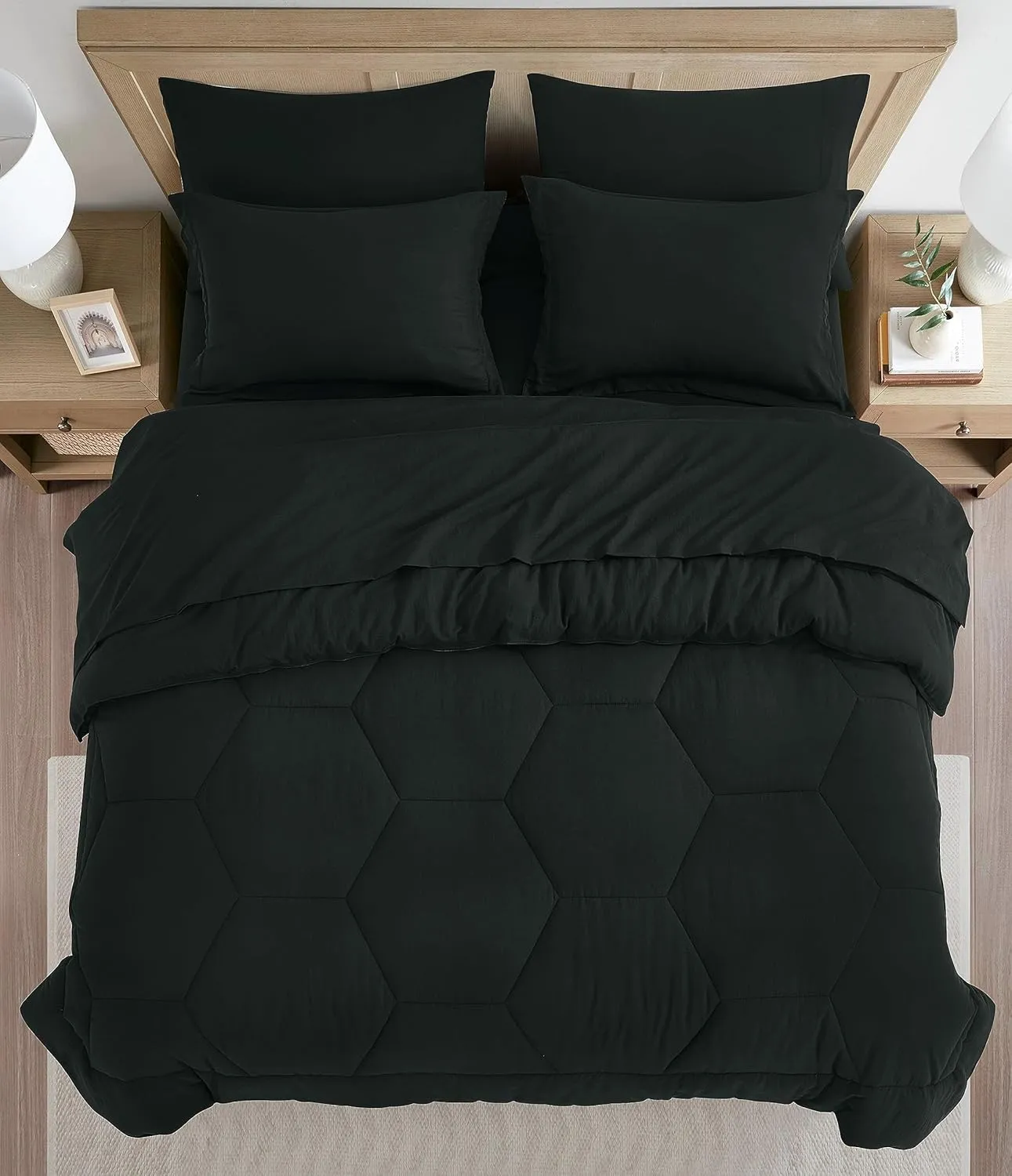 Chezmoi Collection Piper Oversized King Bed in a Bag 7-Pieces Honeycomb Geometric Hexagon Quilted Stone Washed Microfiber Comforter with Sheets Lightweight All Season Bedding (Oversized King, Black)