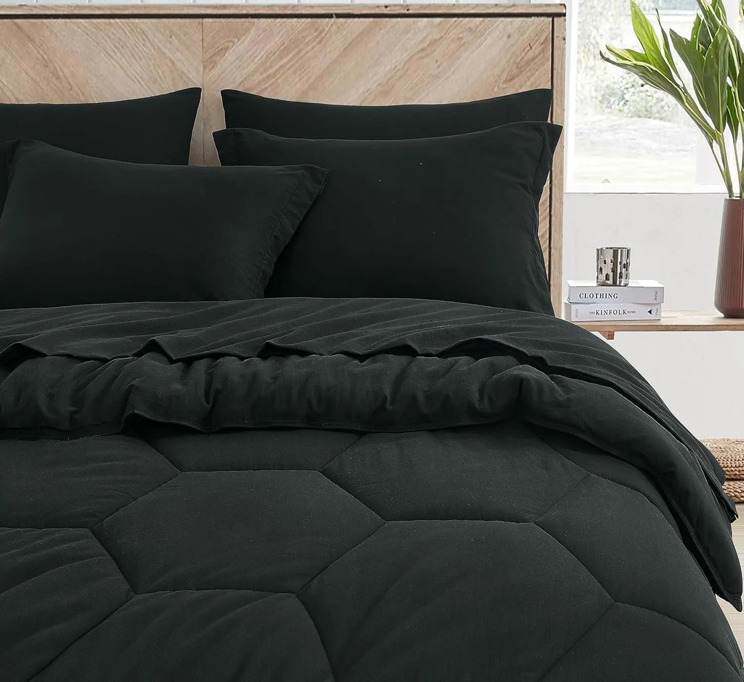 Chezmoi Collection Piper Oversized King Bed in a Bag 7-Pieces Honeycomb Geometric Hexagon Quilted Stone Washed Microfiber Comforter with Sheets Lightweight All Season Bedding (Oversized King, Black)