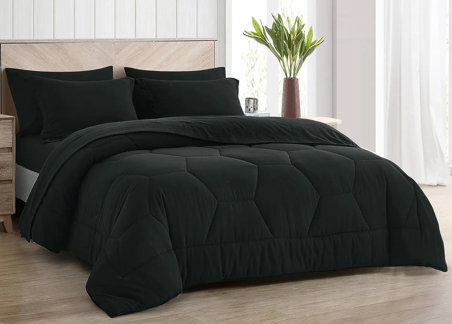 Chezmoi Collection Piper Oversized King Bed in a Bag 7-Pieces Honeycomb Geometric Hexagon Quilted Stone Washed Microfiber Comforter with Sheets Lightweight All Season Bedding (Oversized King, Black)