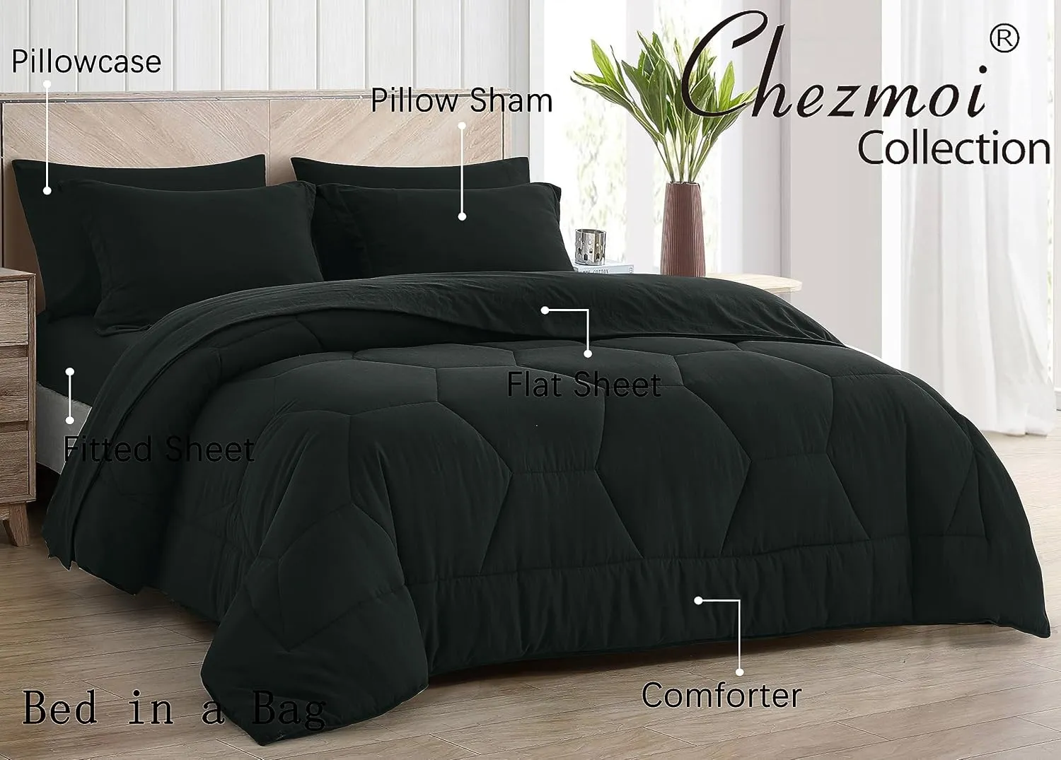 Chezmoi Collection Piper Oversized King Bed in a Bag 7-Pieces Honeycomb Geometric Hexagon Quilted Stone Washed Microfiber Comforter with Sheets Lightweight All Season Bedding (Oversized King, Black)