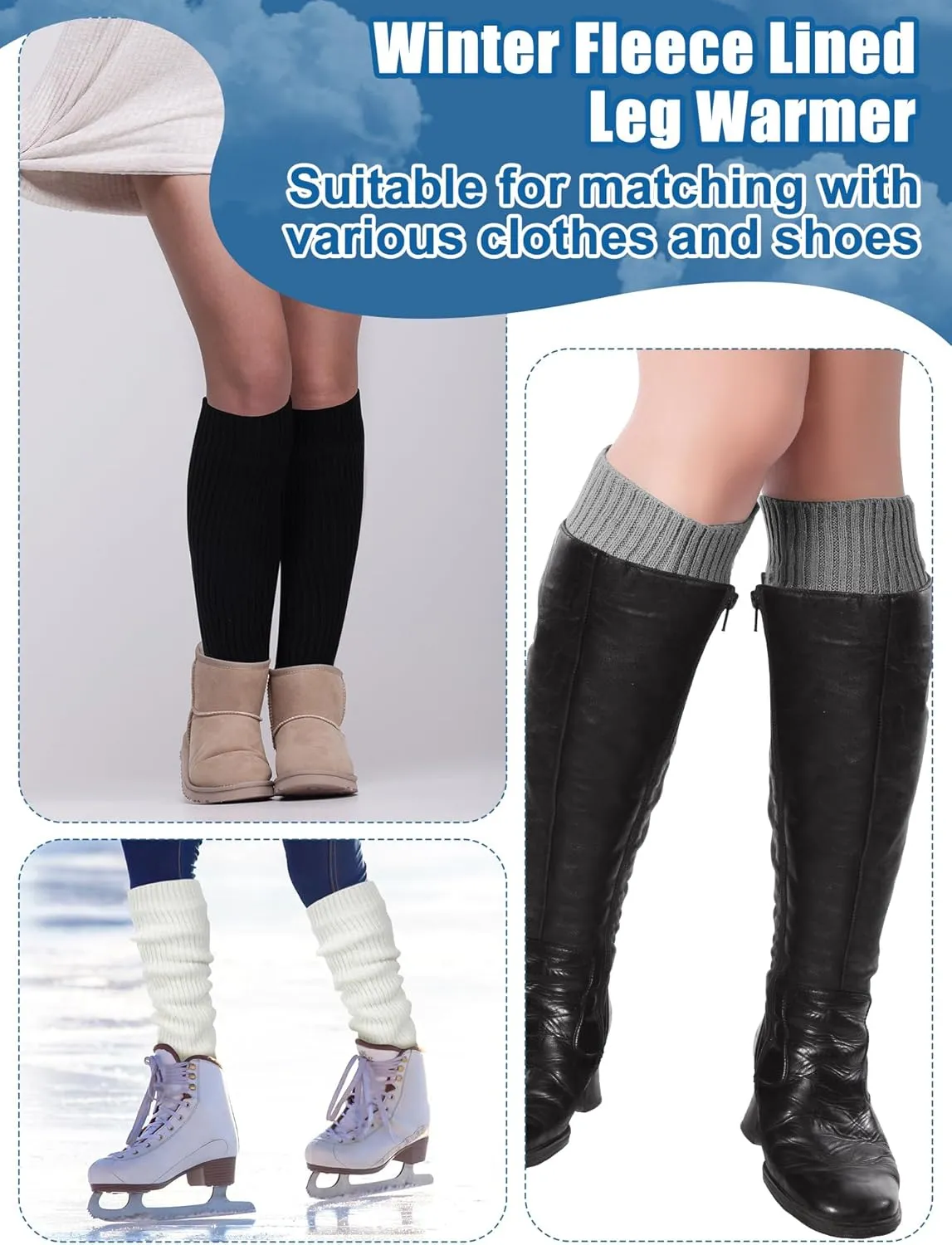 Chuarry 3 Pairs Winter Fleece Lined Leg Warmer for Women Skating Leg Warmer Long Boot Socks for Women Skating Every Day Wear