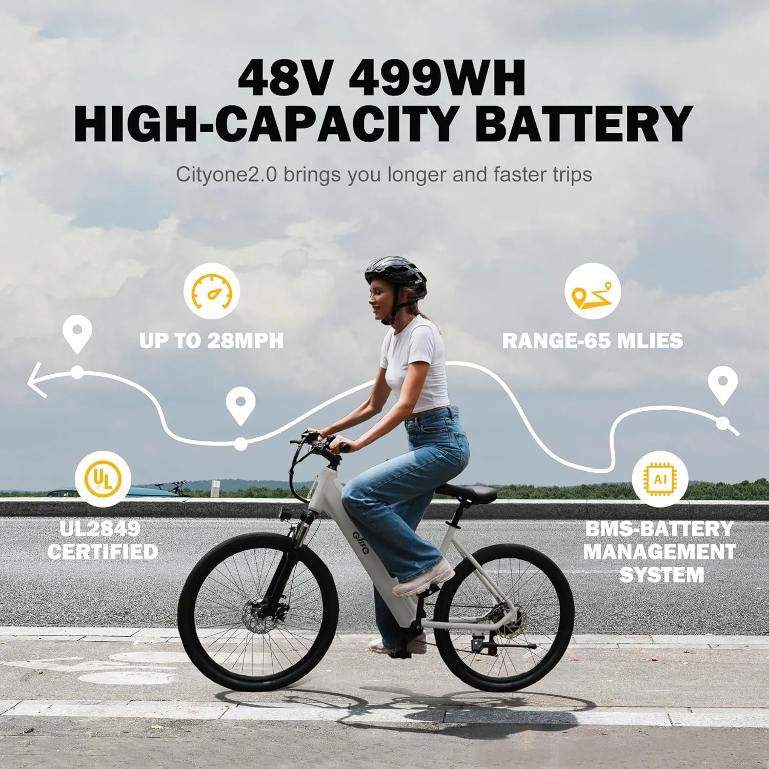 Cityone 2.0 Electric Bike for Adults,Up to 65Miles,28MPH,1200W Peak Motor 26" Ebike,499WH UL2849 Certified Battery Electric Commuter Bicycle with Front Suspension & 7-Speed Ebikes