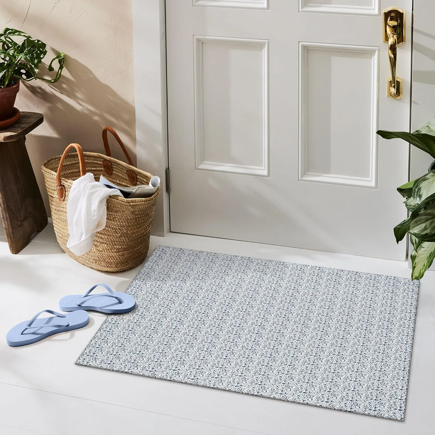 Collive Small Bathroom Rug - 2x3 Washable Entryway Doormat, Blue Woven Cotton Area Rug for Farmhouse Kitchen, Boho Bedroom Entrance, Front Door