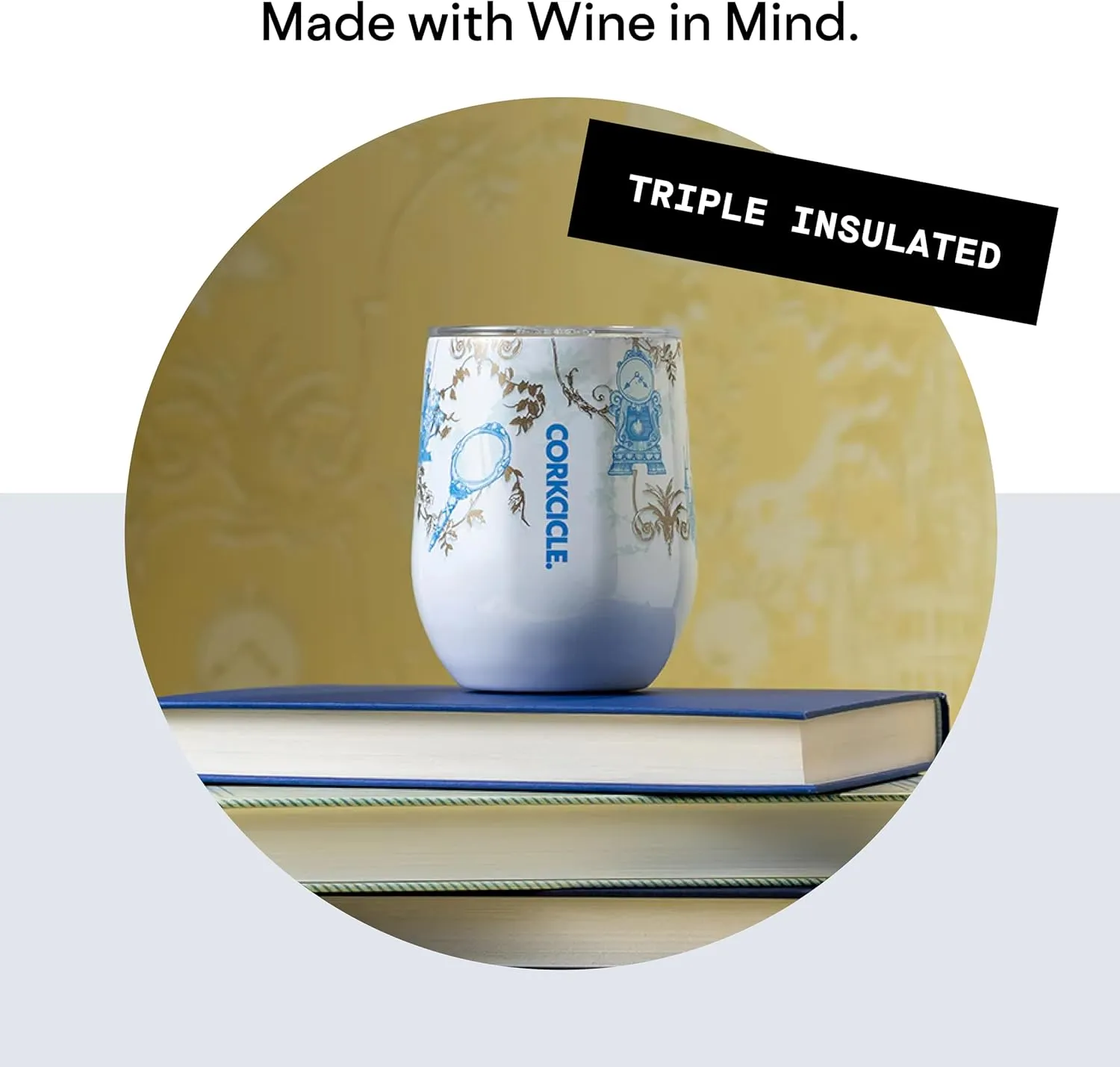Corkcicle Disney Princess Belle Stemless Wine Glass Tumbler, Triple Insulated Stainless Steel Construction, Sliding Shatter-Proof Travel Lid, Keeps Beverages Chilled for 9 Hours, 12 oz