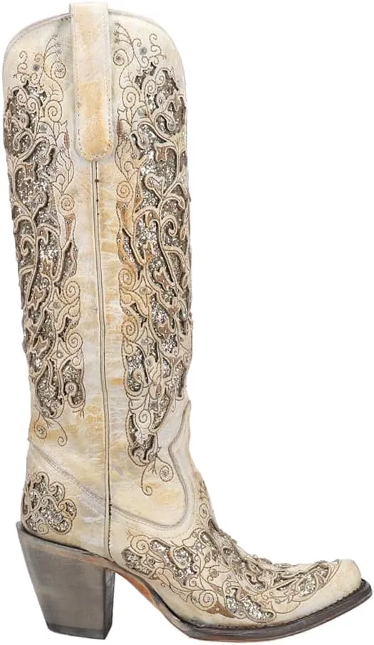 Corral Boots Womens Distressed Glitter Tooled Inlay Snip Toe Casual Boots Knee High High Heel 3" & Up - Beige
