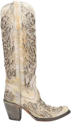 Corral Boots Womens Distressed Glitter Tooled Inlay Snip Toe Casual Boots Knee High High Heel 3" & Up - Beige