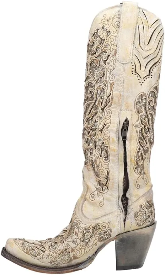 Corral Boots Womens Distressed Glitter Tooled Inlay Snip Toe Casual Boots Knee High High Heel 3" & Up - Beige