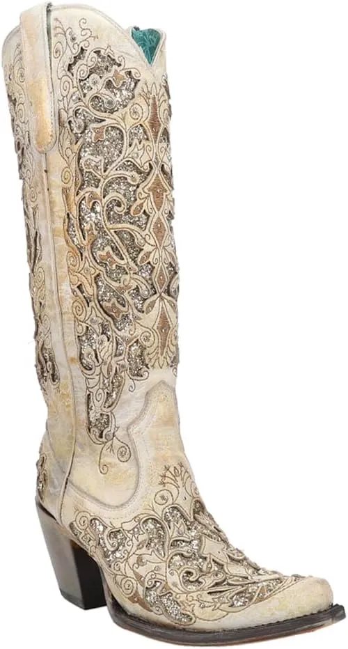 Corral Boots Womens Distressed Glitter Tooled Inlay Snip Toe Casual Boots Knee High High Heel 3" & Up - Beige