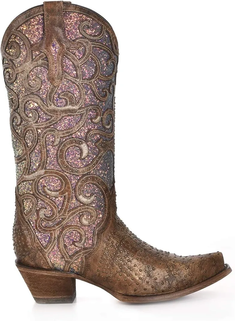Corral Boots Womens Glitter Tooled Inlay Snip Toe Dress Boots Mid Calf Low Heel 1-2" - Brown