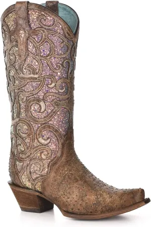 Corral Boots Womens Glitter Tooled Inlay Snip Toe Dress Boots Mid Calf Low Heel 1-2" - Brown