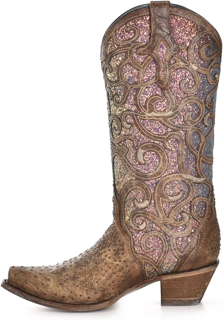 Corral Boots Womens Glitter Tooled Inlay Snip Toe Dress Boots Mid Calf Low Heel 1-2" - Brown