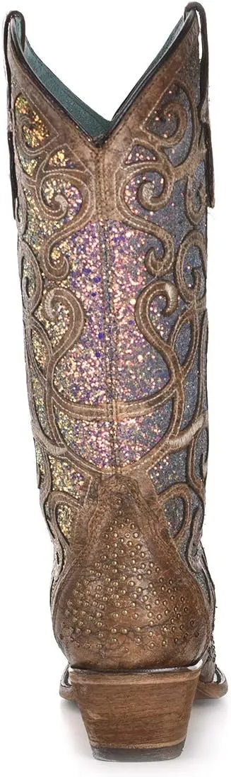 Corral Boots Womens Glitter Tooled Inlay Snip Toe Dress Boots Mid Calf Low Heel 1-2" - Brown