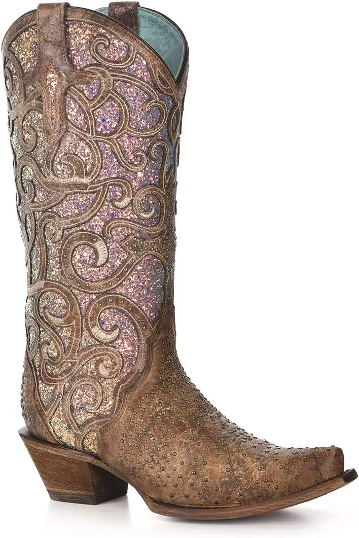 Corral Boots Womens Glitter Tooled Inlay Snip Toe Dress Boots Mid Calf Low Heel 1-2" - Brown