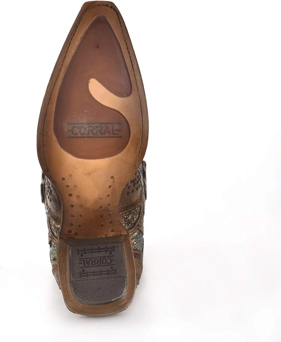 Corral Boots Womens Glitter Tooled Inlay Snip Toe Dress Boots Mid Calf Low Heel 1-2" - Brown