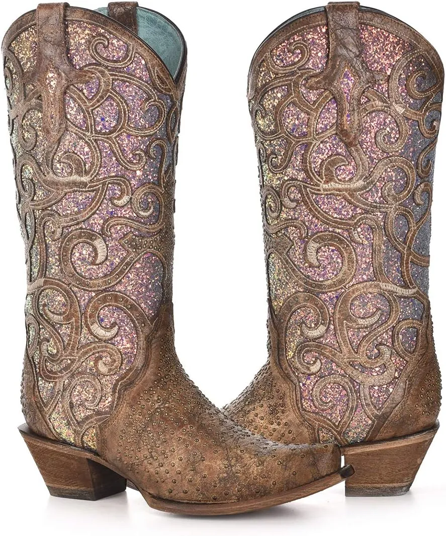 Corral Boots Womens Glitter Tooled Inlay Snip Toe Dress Boots Mid Calf Low Heel 1-2" - Brown