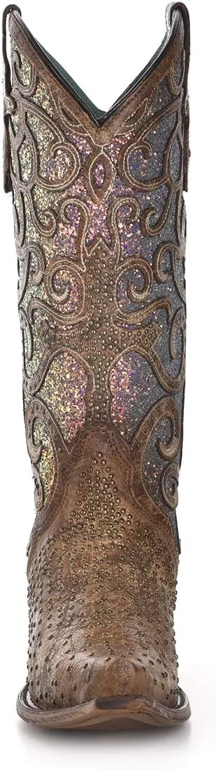 Corral Boots Womens Glitter Tooled Inlay Snip Toe Dress Boots Mid Calf Low Heel 1-2" - Brown