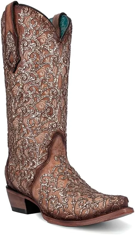 CORRAL LADIE'S SADDLE GLITTER OVERLAY & EMBROIDERY TRIAD, CORRAL 43.8 X 34.8 X 11.0 SOLE,COWHIDE LEATHER, WESTERN BOOT, C4051