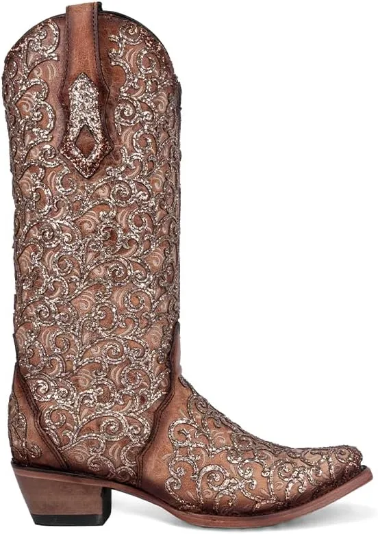 CORRAL LADIE'S SADDLE GLITTER OVERLAY & EMBROIDERY TRIAD, CORRAL 43.8 X 34.8 X 11.0 SOLE,COWHIDE LEATHER, WESTERN BOOT, C4051