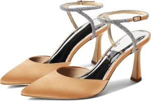 Coutgo Women Rhinestone Heels Kitten High Satin Pumps Pointed Toe Sparkly Sexy Wedding Dress Shoes