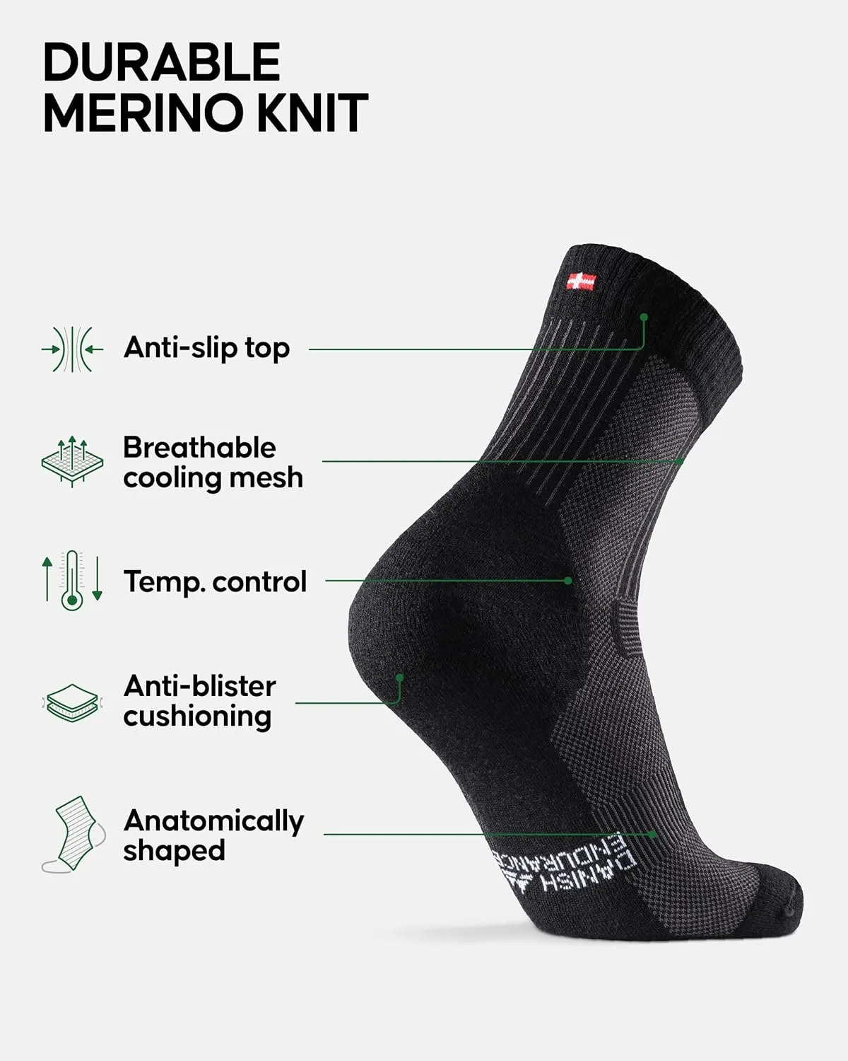 DANISH ENDURANCE Merino Wool Light Hiking Socks, Cushioned & Moisture Wicking Hiking Socks, Men, Women & Kids, 3 or 5 Pack