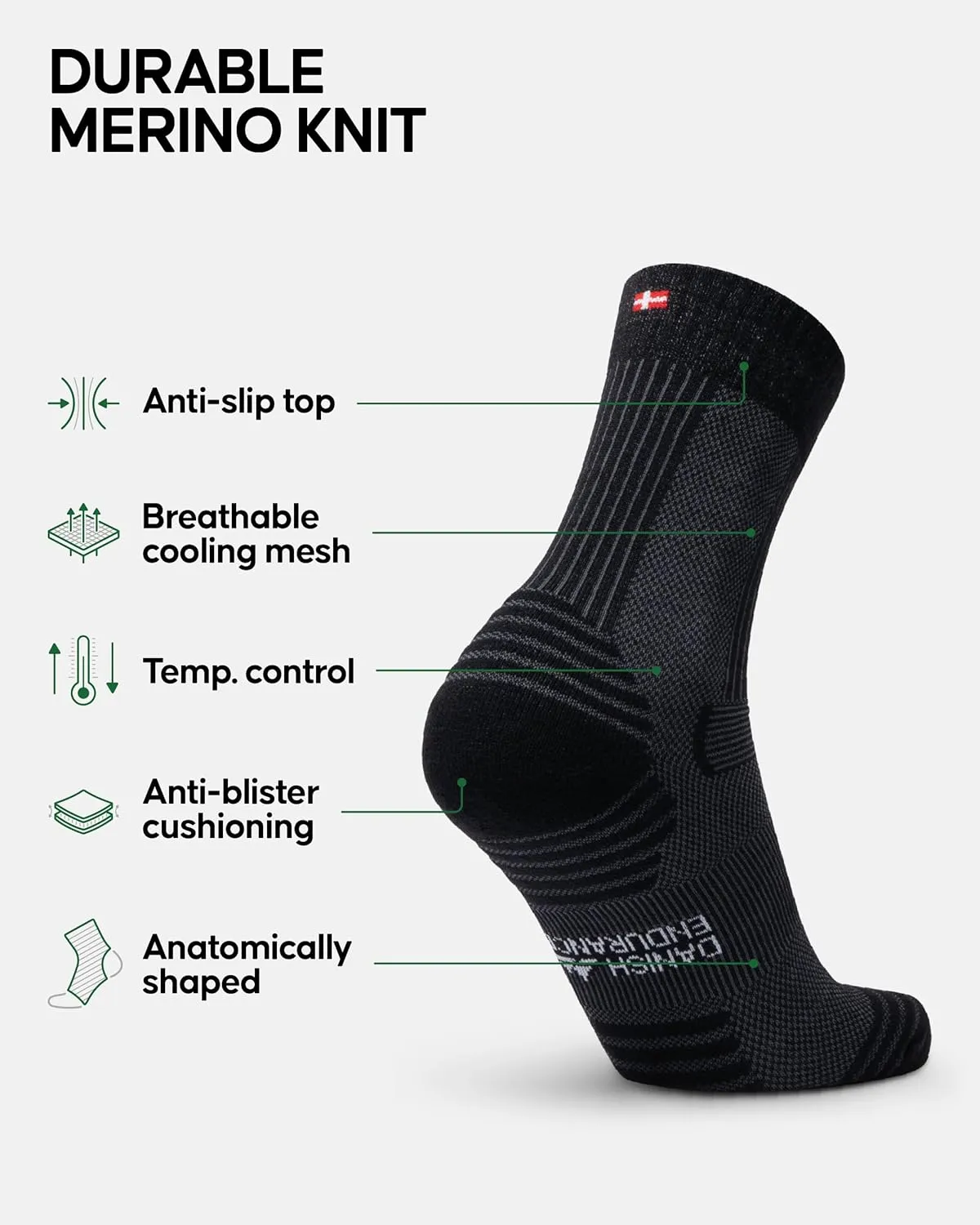DANISH ENDURANCE Merino Wool Light Hiking Socks, Cushioned & Moisture Wicking Hiking Socks, Men, Women & Kids, 3 or 5 Pack