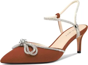 DearOnly Womens Rhinestone Kitten Heels with Bow-Knot Glitter Ankle Strap Pointed Toe Pumps Stiletto Mid Heel Crystal Slingback Wedding Dress Shoes 2.6 Inches Heels