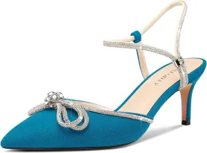 DearOnly Womens Rhinestone Kitten Heels with Bow-Knot Glitter Ankle Strap Pointed Toe Pumps Stiletto Mid Heel Crystal Slingback Wedding Dress Shoes 2.6 Inches Heels