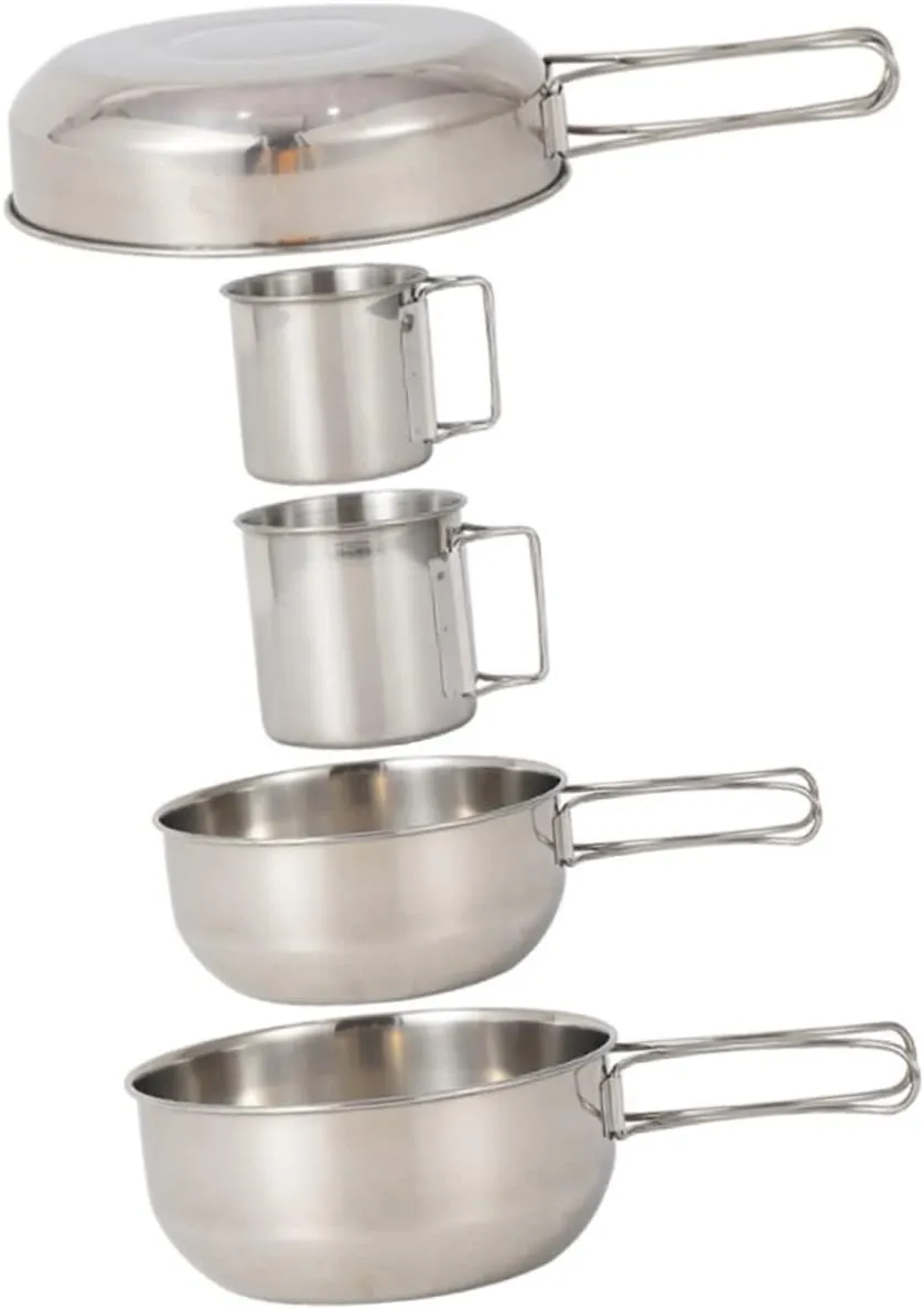 DECHOUS 5pcs Camping Tableware Stainless Steel Pot Cup Set Collapsible Design Lightweight Picnic Tool