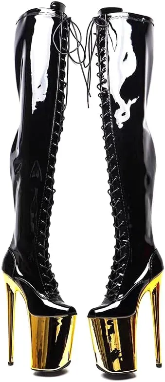 denova's Women's Patent 7.9in Very High Heel Lace Up Platform Pole Dance Over-The-Knee Thigh High Boot with Zipper