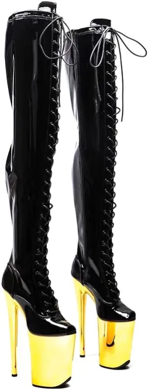 denova's Women's Patent 7.9in Very High Heel Lace Up Platform Pole Dance Over-The-Knee Thigh High Boot with Zipper