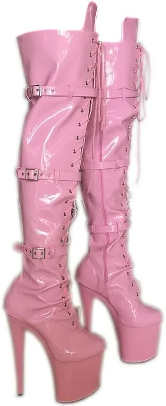 denova's Women's Patent 7.9in Very High Heel Lace Up Platform Pole Dance Over-The-Knee Thigh High Boot with Zipper