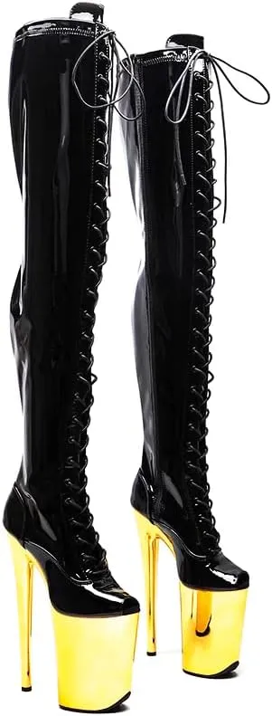 denova's Women's Patent 7.9in Very High Heel Lace Up Platform Pole Dance Over-The-Knee Thigh High Boot with Zipper