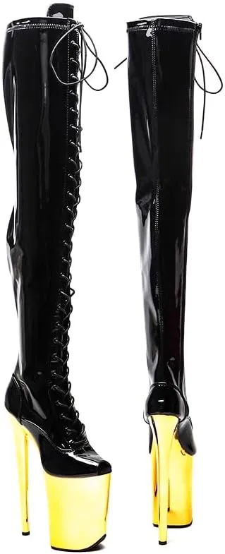 denova's Women's Patent 7.9in Very High Heel Lace Up Platform Pole Dance Over-The-Knee Thigh High Boot with Zipper