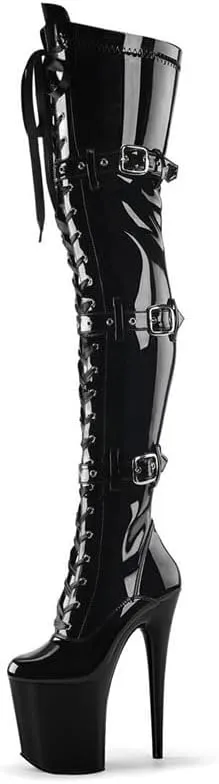 denova's Women's Patent 7.9in Very High Heel Lace Up Platform Pole Dance Over-The-Knee Thigh High Boot with Zipper