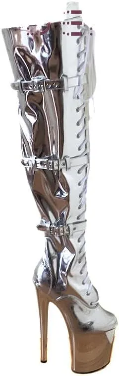 denova's Women's Patent 7.9in Very High Heel Lace Up Platform Pole Dance Over-The-Knee Thigh High Boot with Zipper