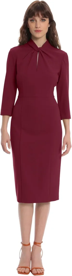 Donna Morgan Women's Stretch Crepe 3/4 Sleeve Twisted Neckline Sheath Dress