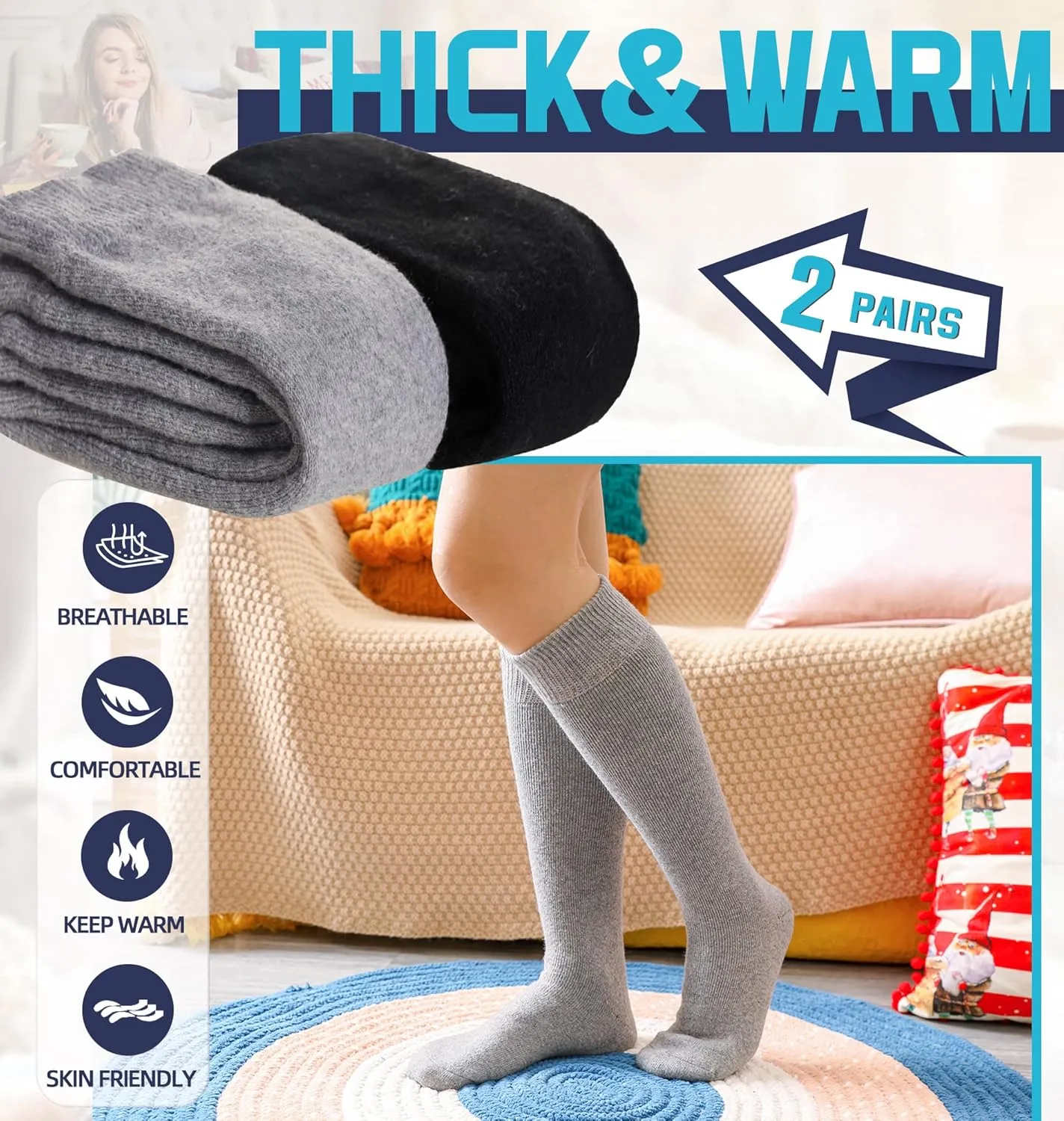 DoSmart Womens Winter Warm Knee High Socks Ladies Wool Cozy Thick Hiking Skiing Comfy Thermal Boot Long Socks 2 Pairs
