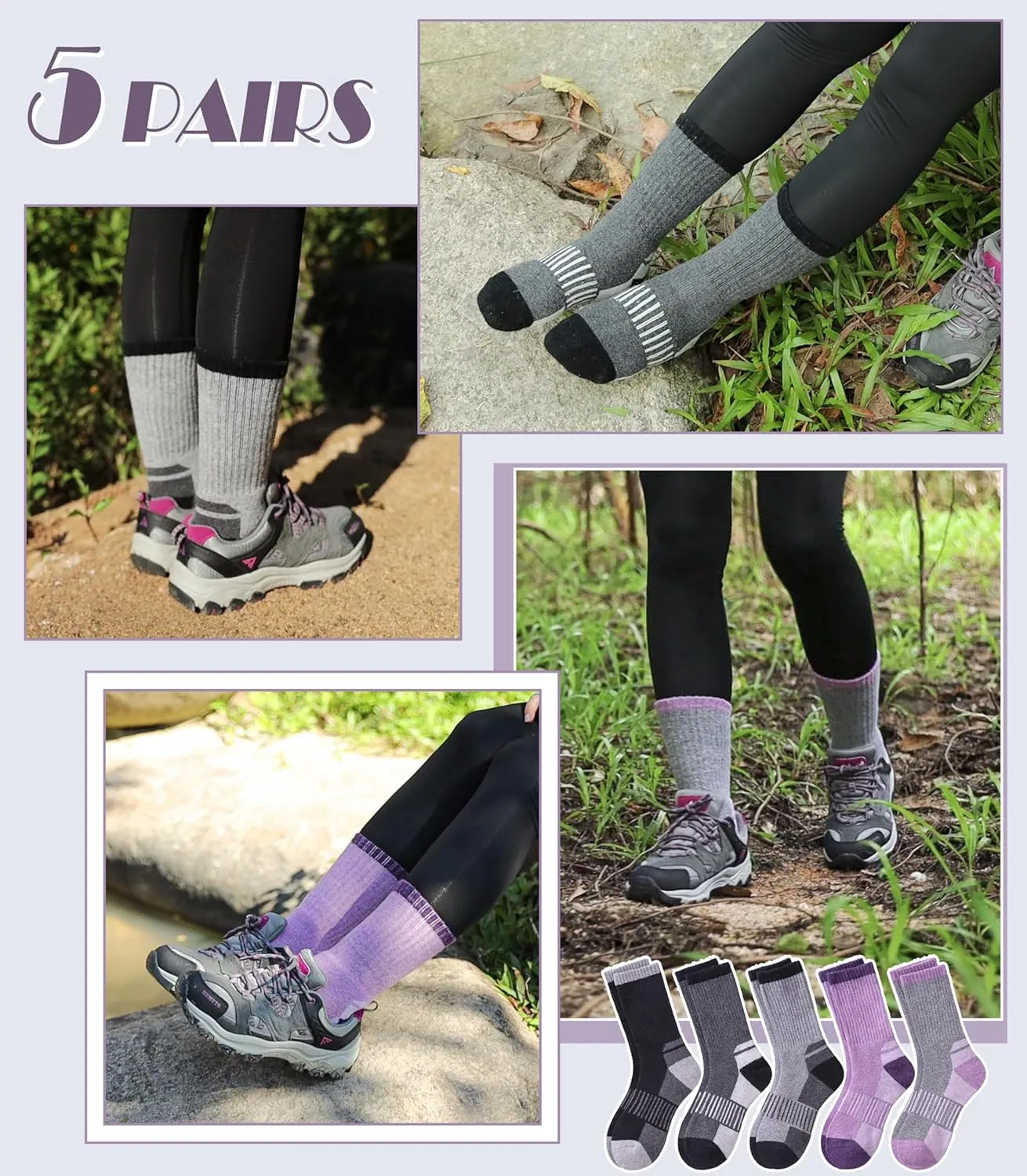 DYW Womens Merino Wool Hiking Socks Thermal Warm Winter Boot Crew Socks Cushion Work Walking Gift Socks 5 Pairs