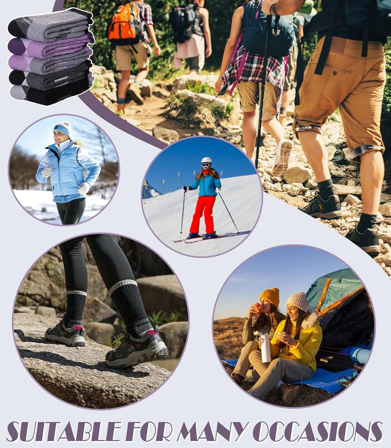 DYW Womens Merino Wool Hiking Socks Thermal Warm Winter Boot Crew Socks Cushion Work Walking Gift Socks 5 Pairs