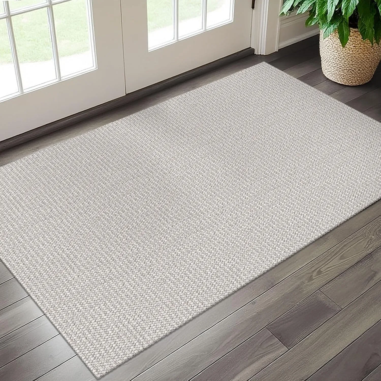 EARTHALL Woven Area Rug 3x5 Ft Washable Rugs for Entryway, Braided Rubber Backed Throw Rugs Door Mat Indoor Outdoor Entrance, Cotton Woven Rug for Kitchen Foyer Front Door Living Room,White/Light Gray