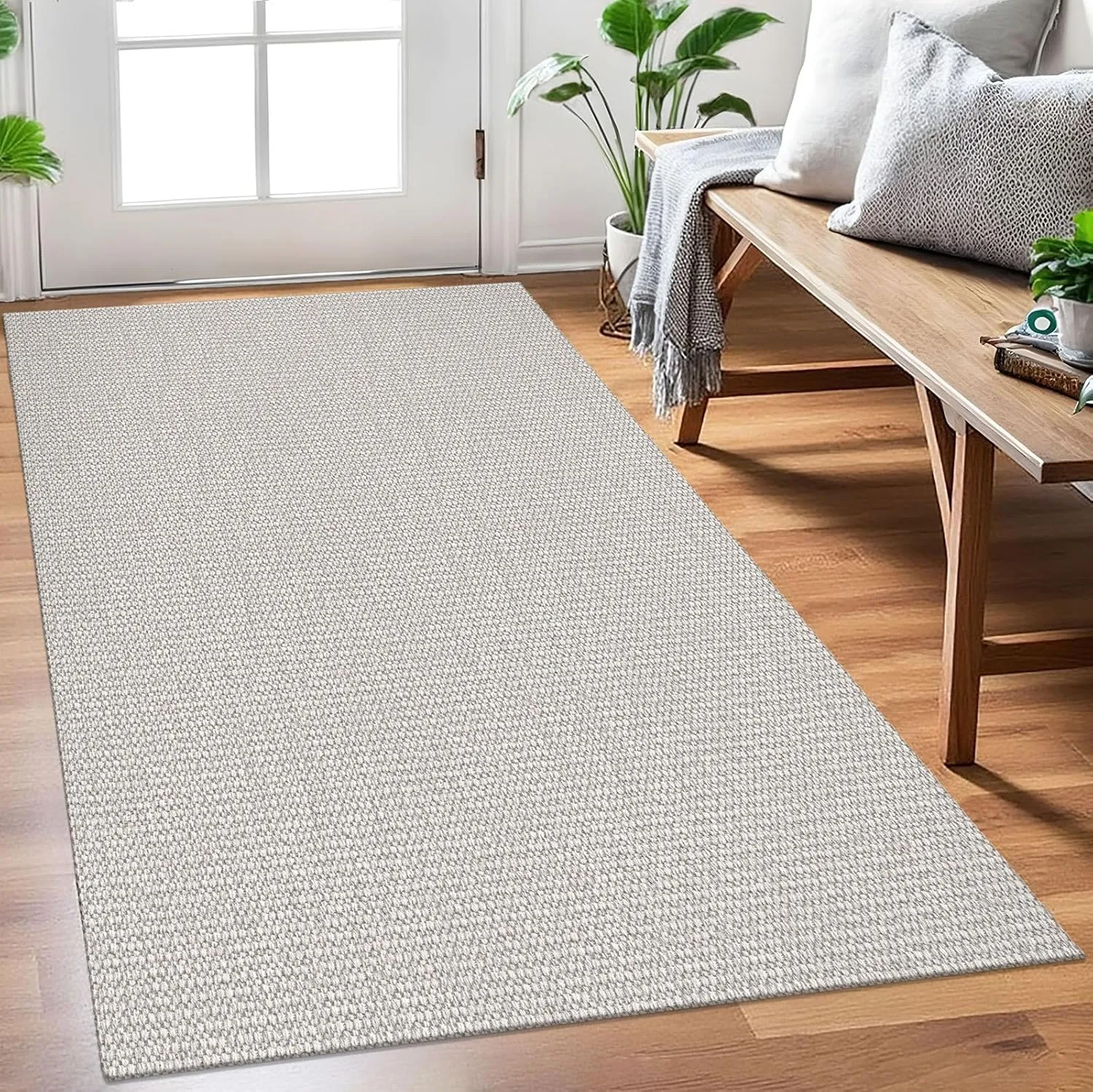 EARTHALL Woven Area Rug 3x5 Ft Washable Rugs for Entryway, Braided Rubber Backed Throw Rugs Door Mat Indoor Outdoor Entrance, Cotton Woven Rug for Kitchen Foyer Front Door Living Room,White/Light Gray